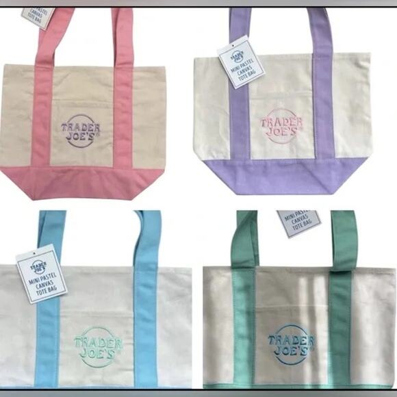NEW Trader Joe’s Mini Pastel Canvas Tote Bag Set of all 4 colors - Picture 2 of 4